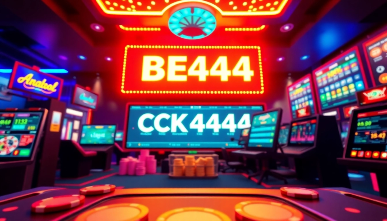 Engaging ck4444 bet platform with vibrant chips, screens, and casino visuals in action, highlighting online betting excitement and user engagement.