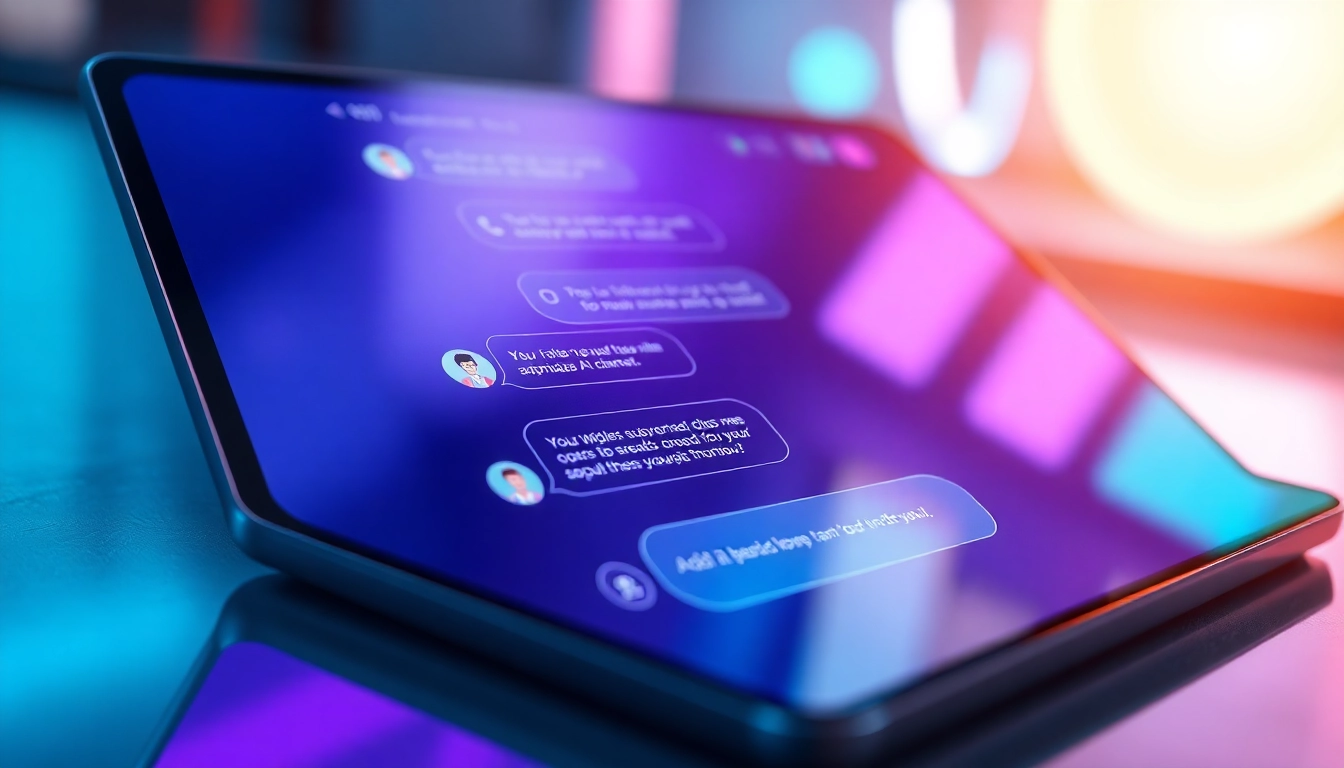 Close-up of a futuristic tablet screen with a chat interface featuring AI characters, glowing UI elements, and a sleek design.
