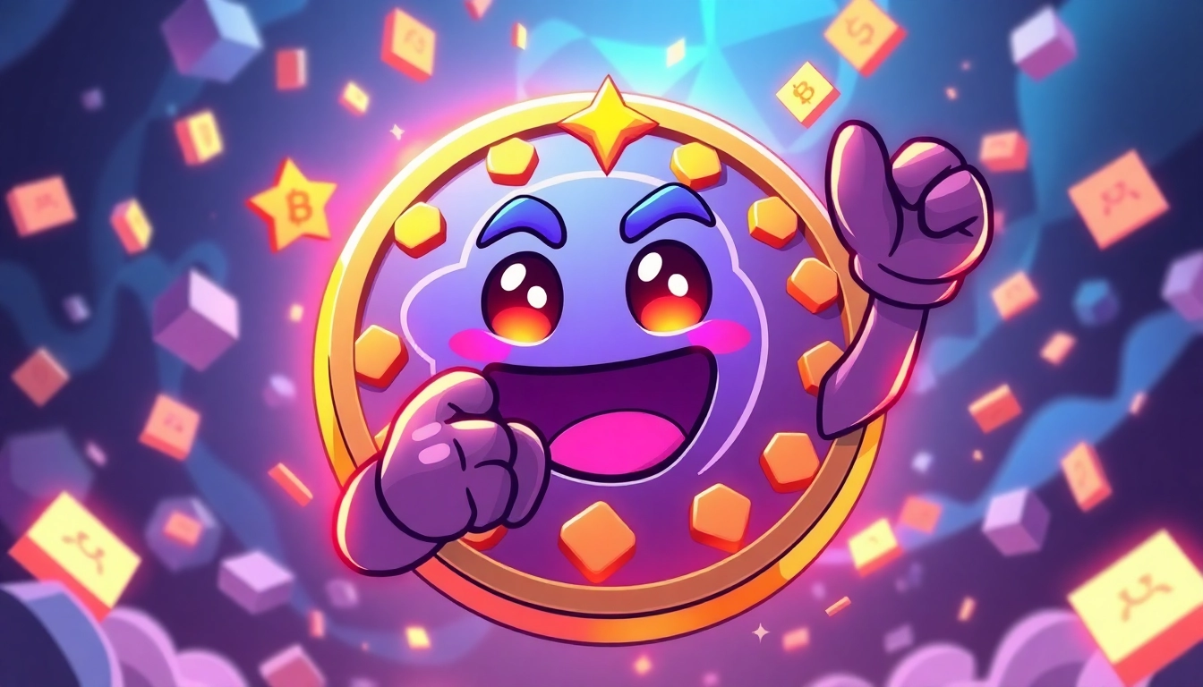 Crypto Meme Coins rally featuring a mascot with blockchain visuals and vibrant colors to