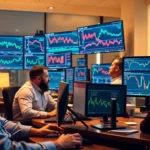 Forex Broker UK Professional traders analyzing currency charts with Forex trading platforms in