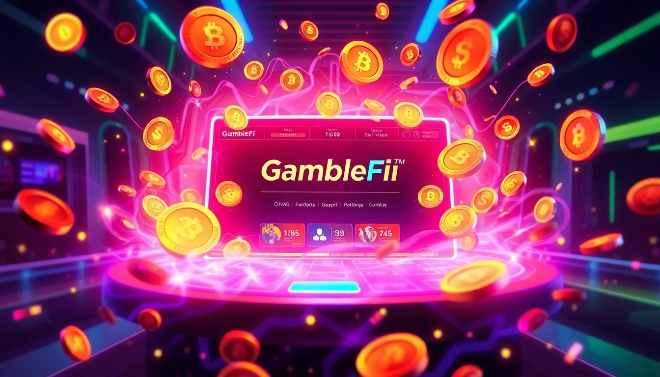 Crypto Meme Coins showcased in a vibrant scene with GambleFi gaming elements emphasizing